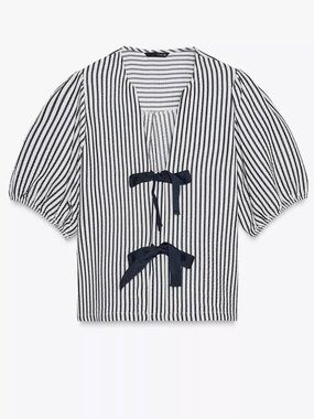 Zara Navy & White Striped Bow-Front Blouse